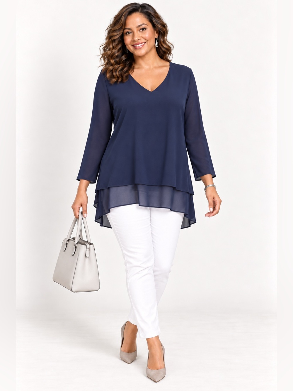 🆕 MICHAEL KORS Navy Layered Chiffon V-Neck Blouse Plus Size 1X Women’s NWT